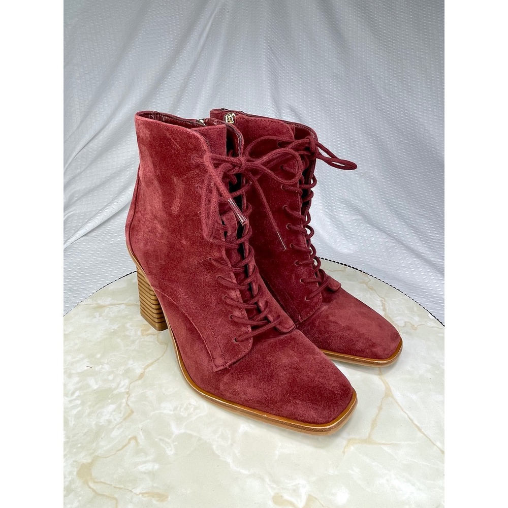 Vince Camuto Suede Lace Up Block Heel Ankle Boots Womens 6 Burgundy Square Toe